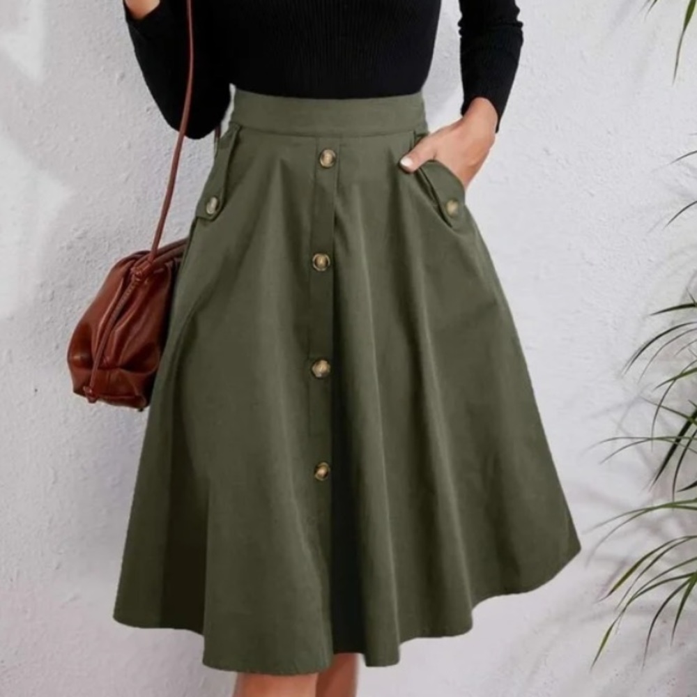 Classic Burnt Orange  Button Detail Pocket Midi Skirt Work - Picture 6 of 16